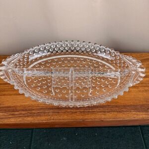 Vintage Duncan Miller Clear Hobnail Glass Divided Relish Dish Serving Tray